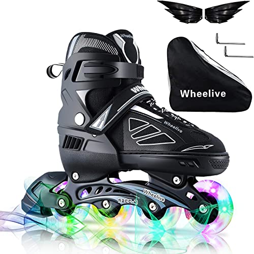 Wheelive Patines en línea Ajustables para Niños y Adultos, Inline Skates de Malla Transpirable con LED Ruedas para...