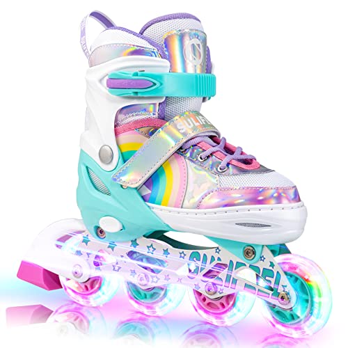 SULIFEEL Rainbow Unicorn Patines en línea para niñas Niños 4 Tamaño Ajustable Ruedas iluminadas Patines para niños...